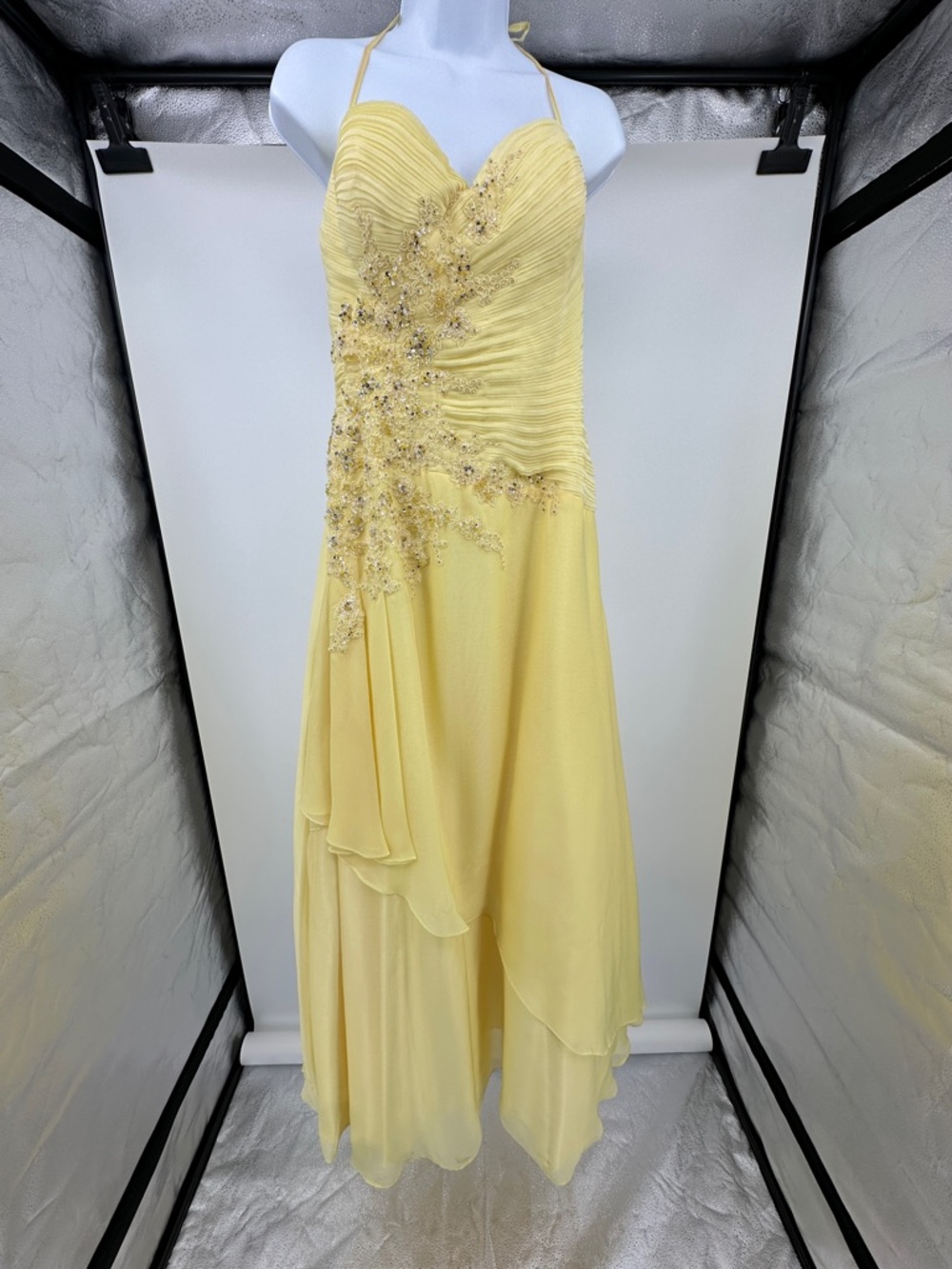 Elegant Yellow Prom Dress Beaded Halter Spaghetti Strap Size 14 - Picture 6 of 12